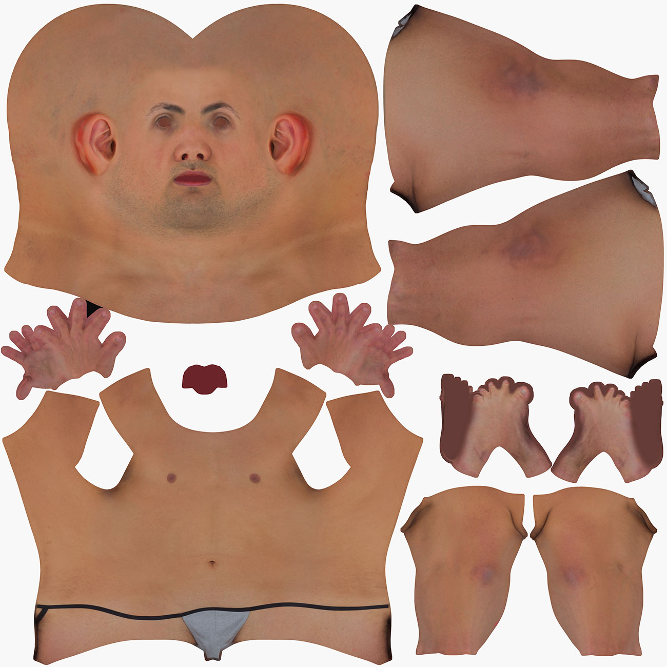 UV map layout for a lean male 3D body scan showing unwrapped texture coordinates across body and facial geometry